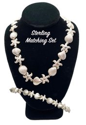 Lot 4: Sterling Silver Necklace & Bracelet - Starfish & Shells Set Of 2 - Ocean Theme