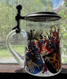 Lot 314SES- Vintage German Clear Glass Beer Stein Medieval Motif Painted With Dragons