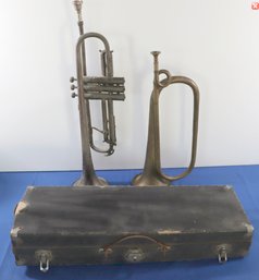 Lot 224- Antique Musical Instruments- Trumpet - Bugle - Trumpet Case - As Is