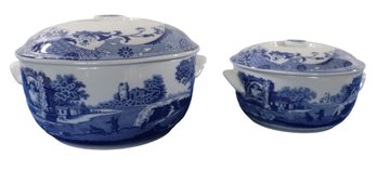 Lot 242- Spode Italian Covered Casserole Dishes Set Of Two- New - England Blue And White