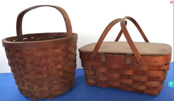 Lot 258-  Antique Primitive Large Handle Baskets - Round 17 Inch & Picnic 18 Inch Basket