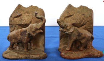 Lot 206- Cast Iron Lucky Trunk Up Elephant Bookends - Vintage