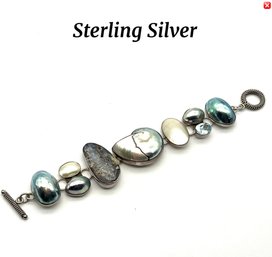Lot 102SES- Sterling Silver Mixed Stones & Pearl Bracelet Signed AKP - Mother Of Pearl & Opal