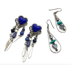 Lot 103SES- Two Pairs Of Dangle Heart Earrings - Love!  Blue Hearts!