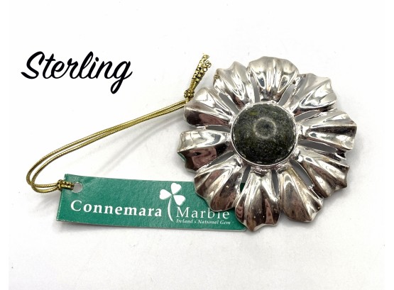 Lot 12- Sterling Silver Flower Pin Brooch Connemara Marble Center New