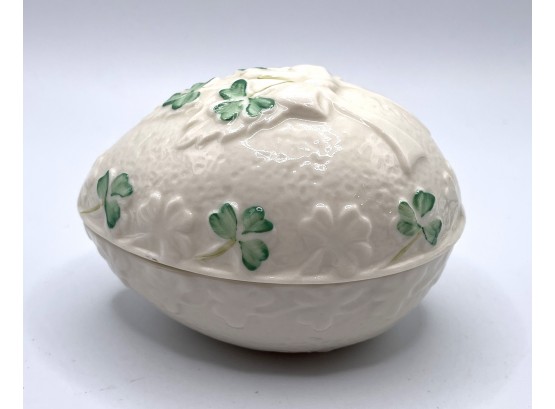 Lot 43- Belleek Ireland Irish Porcelain Egg Trinket Box With Shamrocks