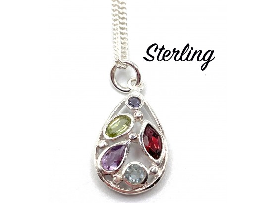 Lot 49- Sterling Silver Necklace With Pendant Peridot Garnet Aqua Purple Stones