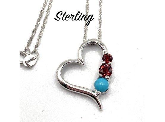 Lot 13- Sterling Silver Necklace With Heart Pendant Red And Turquoise Stones
