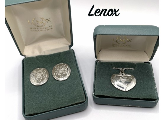 Lot 37- Lenox Kirk Stieff Pewter Chain Heart Pendant & Earrings