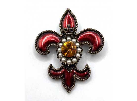 Lot 101- Signed Weiss Vintage Fleur De Lis Pin Brooch With Red Enamel 2'