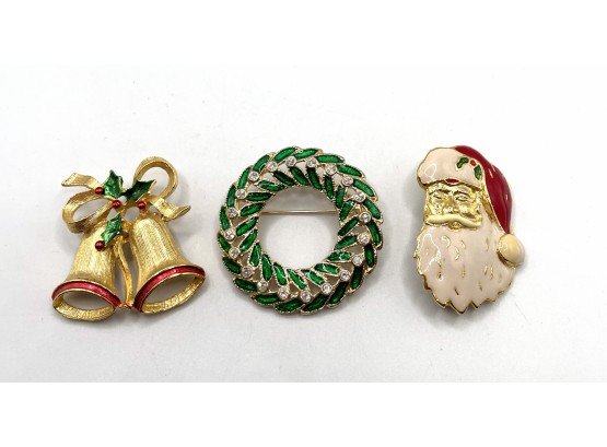 Lot 70- 3 Vintage Christmas Pins Gerrys Bell Enamel Wreath & Santa