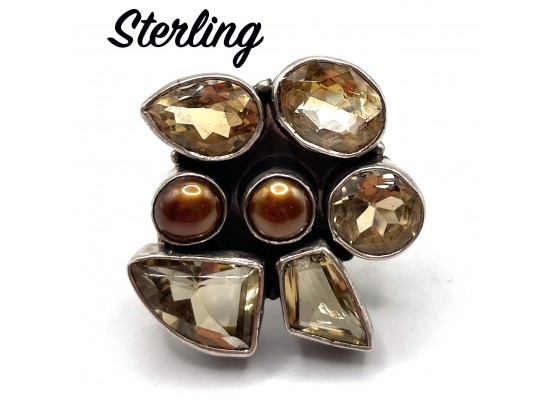 Lot 5A- Sterling Silver Ring With Authentic Pearl And Amber Stones Size 7