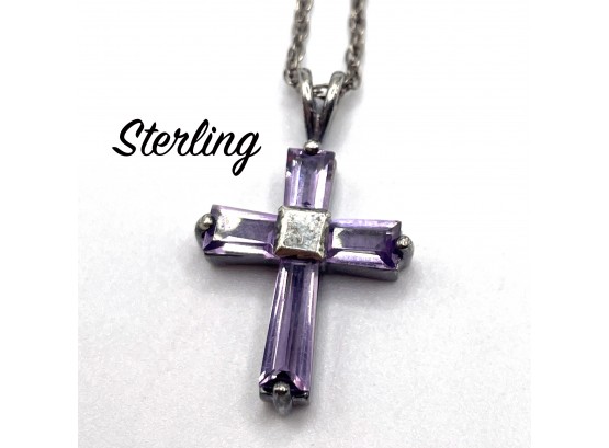 Lot 18- Sterling Silver Chain With Purple Crystal Cross - Lovely