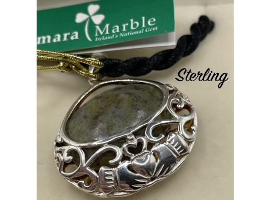 Lot 23- Sterling Silver With Connemara Marble Pendant On Black Cord Irish Ireland