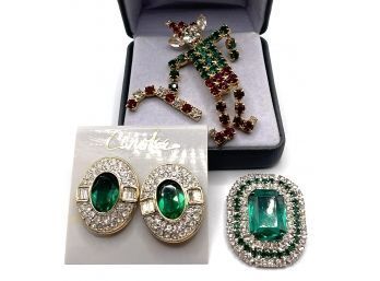 Lot 79 - Vintage Christmas Lot Of Jewelry - Elf Rhinestone Pin - Green Stones Earrings