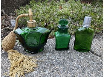 Lot 3- Lot Of 3- Vintage Green Glass Bottles Perfume Bottle Etched Shamrock Whisky Larkin Soap Co