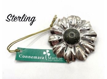 Lot 12- Sterling Silver Flower Pin Brooch Connemara Marble Center New