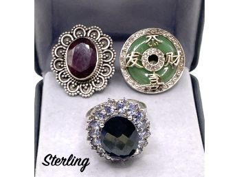 Lot 92- Sterling Silver Lot Of 3 Rings - Red Stone, Blue Stone - Asian Green Stone
