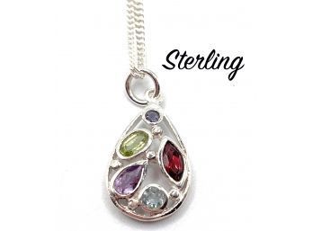 Lot 49- Sterling Silver Necklace With Pendant Peridot Garnet Aqua Purple Stones