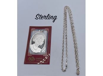 Lot 29- Suisse Half Ounce Switzerland Fine Sterling Silver Cameo Pendant & 24 Inch 925 Necklace