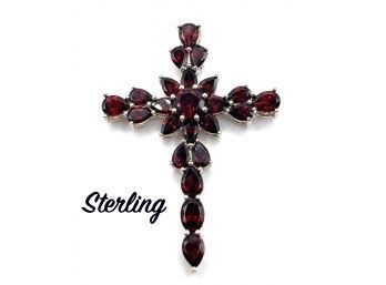 Lot 102- Sterling Silver And Red Garnet Stones Cross Pendant - Religious 2 1/4 X 1 3/4 Inches