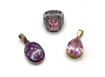 Lot 78- Costume Lot Ring And Pendants - Purple Pendant - Pink Teardrop Stainless Steel Ring