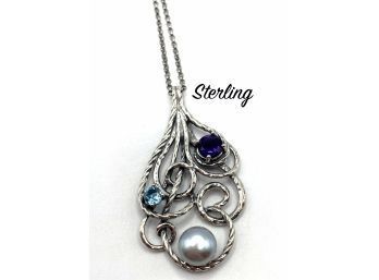 Lot 30- Sterling Silver Chain & Israel Pendant With Authentic Pearl Purple And Aqua Stones