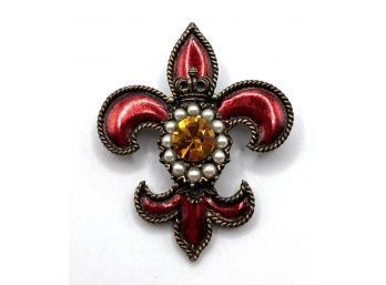 Lot 101- Signed Weiss Vintage Fleur De Lis Pin Brooch With Red Enamel 2'