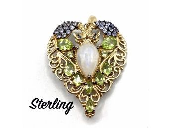 Lot 100- Sterling Silver Opal Peridot And Purple Stones Heart Brooch Pin Signed