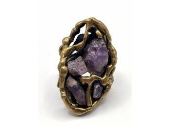 Lot 83- Fun Modernist Ring - Purple Quarts Healing Mineral - One Of A Kind