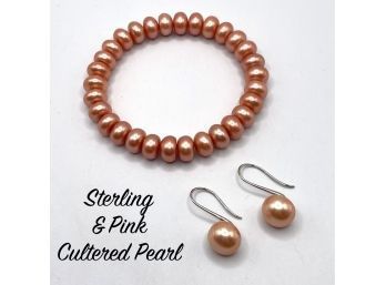 Lot 19- Honora Collection Authentic Pink Peach Pearl Bracelet And Earrings Set