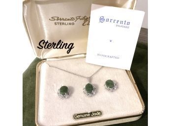 Lot 28- Vintage Sorrento Sterling Silver & Genuine Jade Necklace Earrings Set