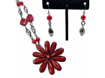 Lot 97- Costume Necklace In Red With Matching Earrings For Christmas! Beautiful 2' Flower