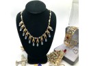 Lot 7- Vintage Collection Rhinestone & Crystal Jewelry Lot Of 10 - Pins Christmas Bracelet Necklace
