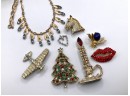 Lot 7- Vintage Collection Rhinestone & Crystal Jewelry Lot Of 10 - Pins Christmas Bracelet Necklace