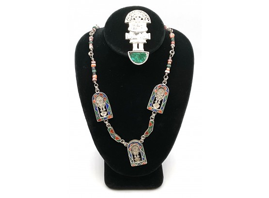 950 Silver Ethnic Aztec Pin & Pendant With Green Stone - Necklace Coral & Turquoise