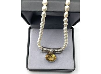 Echo Of The Dreamer Signed Sterling & Fresh Water Pearls 16' Necklace With Topaz Pendant