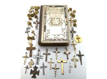 Large Vintage Religious Lot - 1958 Mother Of Pearl MOP Bible - Rosary Beads - Cross Pins Pendants