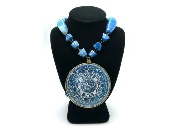 Vintage Carved Blue Agate Mexican Aztec 25' Necklace With Large Pendant