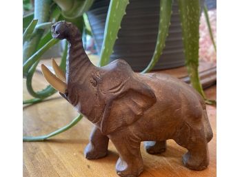 Vintage Hand Carved Wood ELEPHANT Trunk Up 5' Sculpture Folk Art Figurine