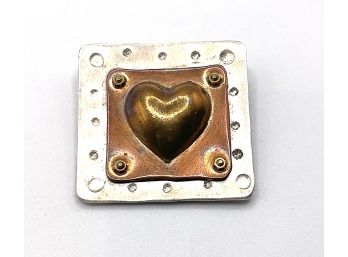 RL Becker Signed Simple Heart Pin - Sterling Silver & Copper - Handmade Mixed Metal