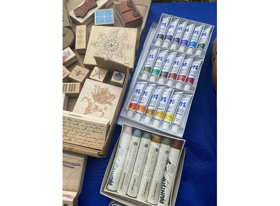 Lot 223 - Misc Crafts  & Paints Stamps Ink Art Oil Paints In Large Basket - BONUS $4 Bermuda Cash!