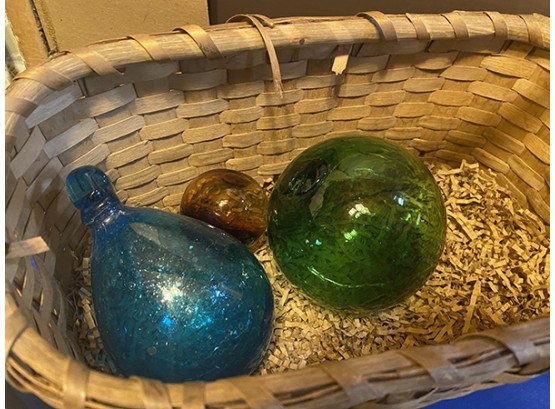 Lot 297 - Colored Glass Balls, Clay Dog Statue, Basket, Wheel House Art