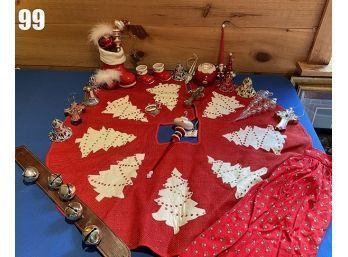 Lot 99 - Vintage Christmas Tree Skirt, Santa Boots, Sleigh Bells, Cross, Apron