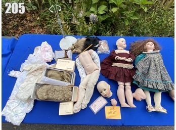 Lot 205 -Doll Porcelain  Lot -doll Wigs - Clothing - Stand - Doll Parts