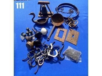 Lot 111 - Metal Architectural Scraps - Hooks, Electric Plates, Liberty Bell - Vintage Wood Box