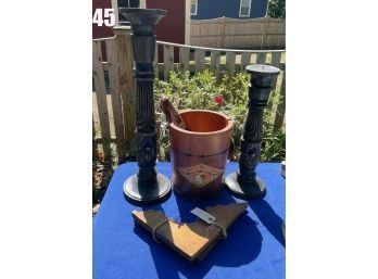 Lot 45 - Wood Carved Candle Holders - Pine Architectural Salvage Brackets  - White Mountain Ice Cream Bucket