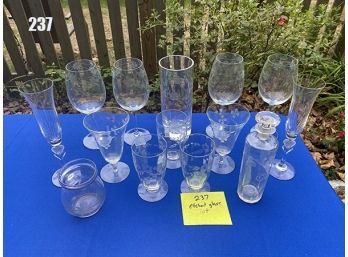 Lot 237 - Etched Glass Lot - Stemware - Wine Glasses, Vases, Vintage Cologne Bottle