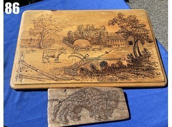 Lot 86 - Wood Burning And Carved Farmhouse Rustic Primitive Art Lot Of 2