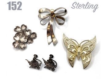 Lot 152 - Sterling Silver Lot Of 3 Pins And Earrings Butterfly Flower Bow